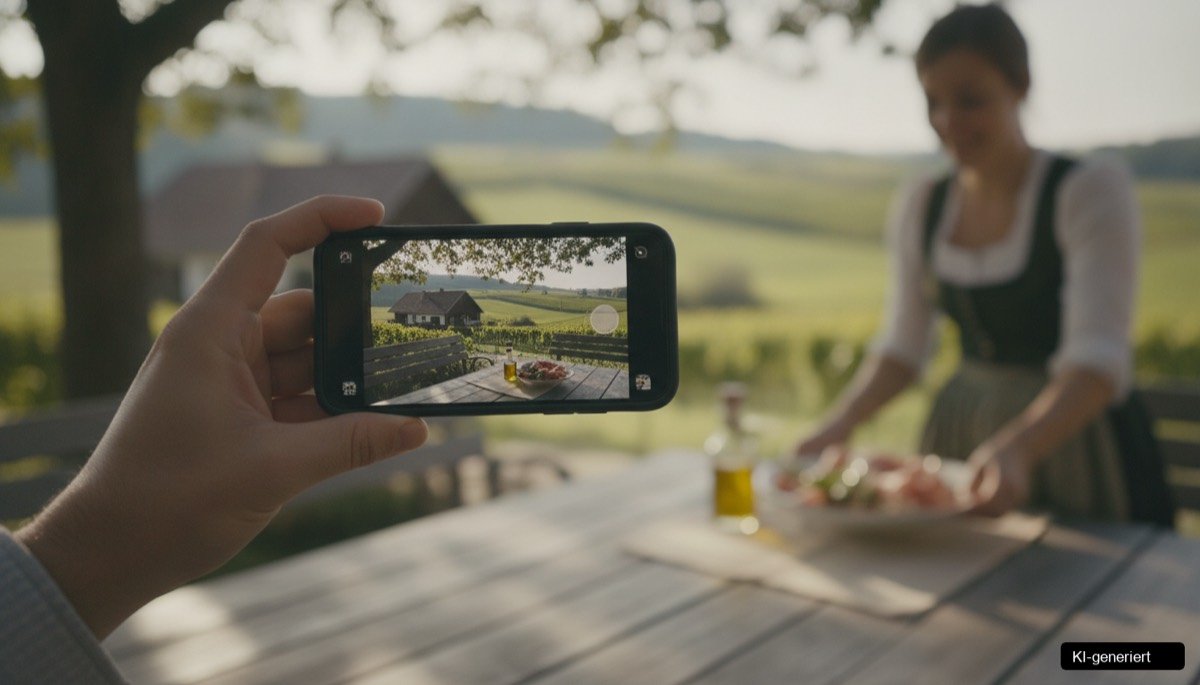 Ein Smartphone filmt eine malerische Landschaft in der Steiermark, um den TikTok Tourismus Steiermark zu fördern.